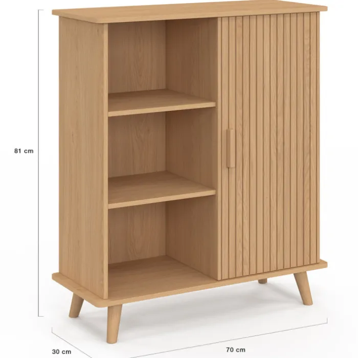 Buffet d'appoint 70 cm bois effet lattes et tasseau avec 3 étagères et placard