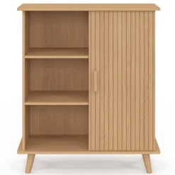 Buffet d'appoint 70 cm bois effet lattes et tasseau avec 3 étagères et placard