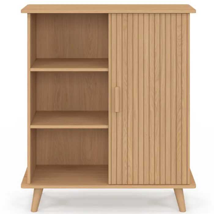 Buffet d'appoint 70 cm bois effet lattes et tasseau avec 3 étagères et placard