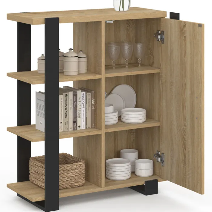 Buffet d'appoint 3 étagères et placard 70 cm bois et noir