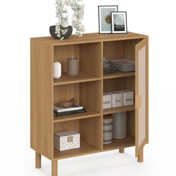 Buffet d'appoint 3 étagères et placard 70 cm bois et effet lin