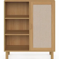Buffet d'appoint 3 étagères et placard 70 cm bois et effet lin