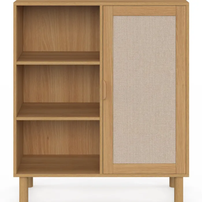 Buffet d'appoint 3 étagères et placard 70 cm bois et effet lin