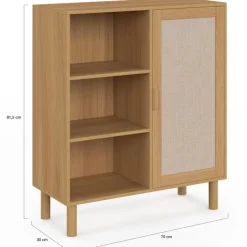 Buffet d'appoint 3 étagères et placard 70 cm bois et effet lin