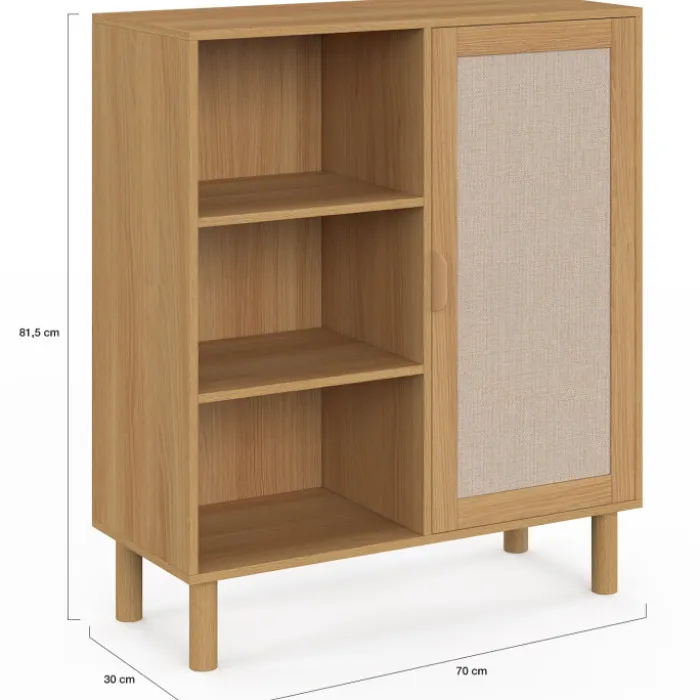 Buffet d'appoint 3 étagères et placard 70 cm bois et effet lin
