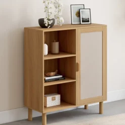 Buffet d'appoint 3 étagères et placard 70 cm bois et effet lin