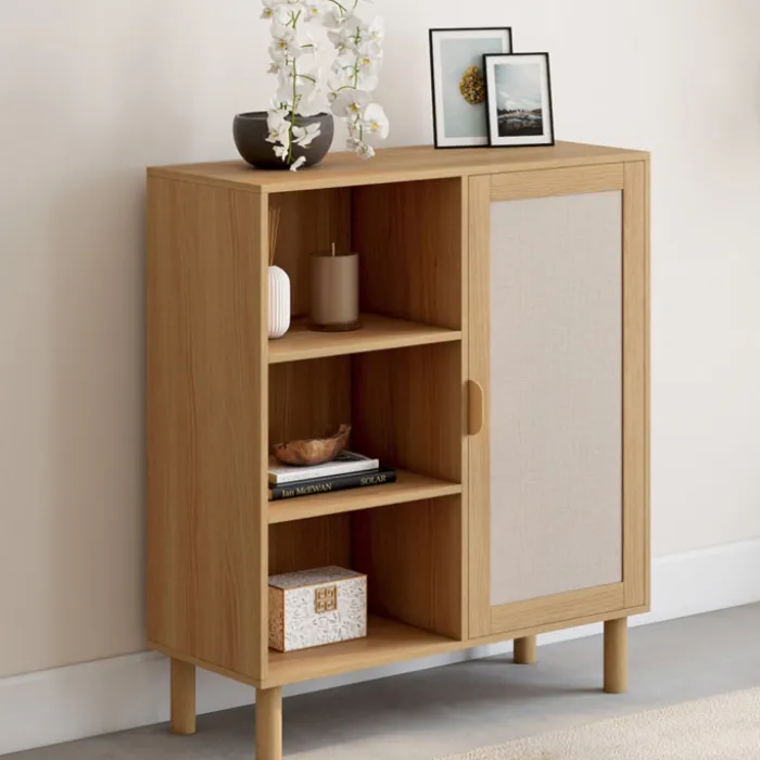 Buffet d'appoint 3 étagères et placard 70 cm bois et effet lin