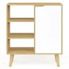 Buffet d'appoint 3 étagères et placard 70 cm blanc et bois façon hêtre