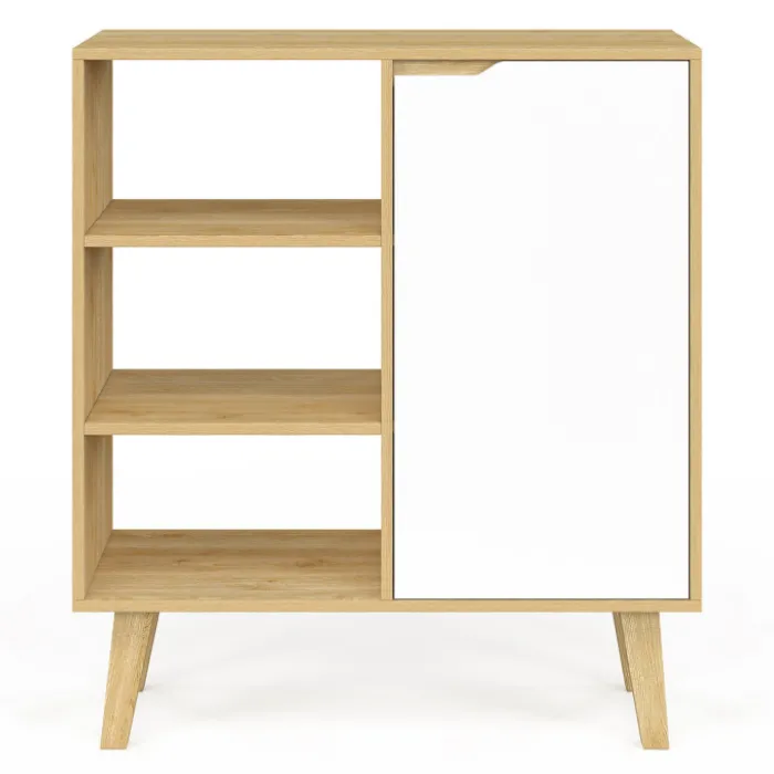 Buffet d'appoint 3 étagères et placard 70 cm blanc et bois façon hêtre