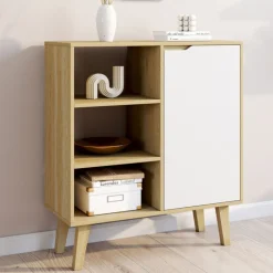 Buffet d'appoint 3 étagères et placard 70 cm blanc et bois façon hêtre