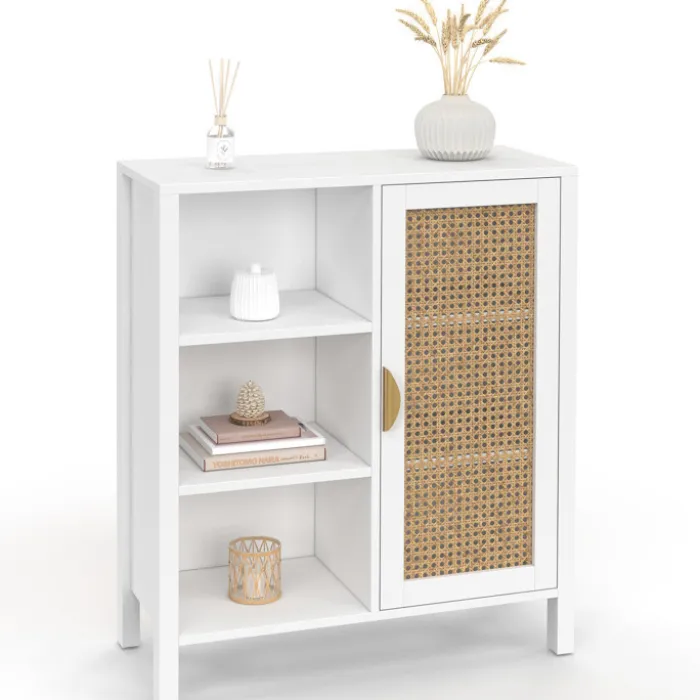 Buffet d'appoint 3 étagères et placard de 70 cm blanc avec cannage