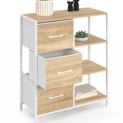 Buffet d'appoint 3 tiroirs et étagères 70 cm design industriel bois et blanc