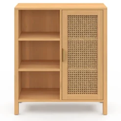 Buffet d’appoint cannage avec 3 étagères et placard 70 cm
