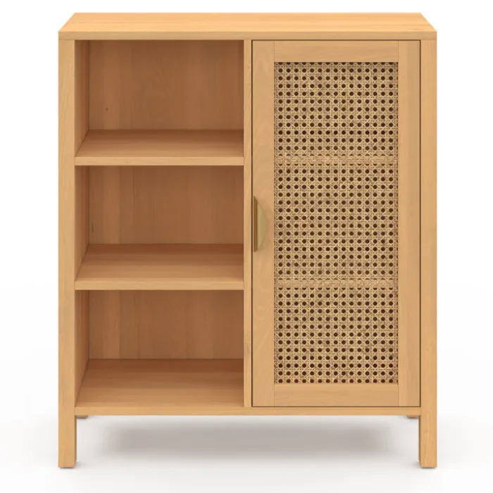 Buffet d’appoint cannage avec 3 étagères et placard 70 cm