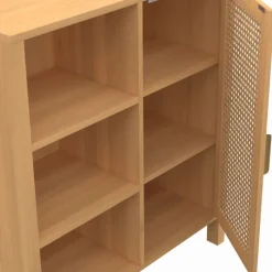 Buffet d’appoint cannage avec 3 étagères et placard 70 cm