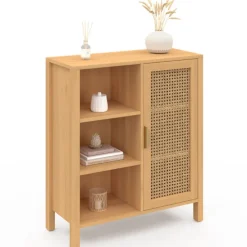 Buffet d’appoint cannage avec 3 étagères et placard 70 cm