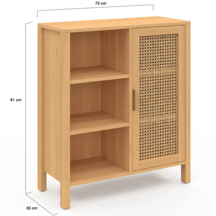 Buffet d’appoint cannage avec 3 étagères et placard 70 cm