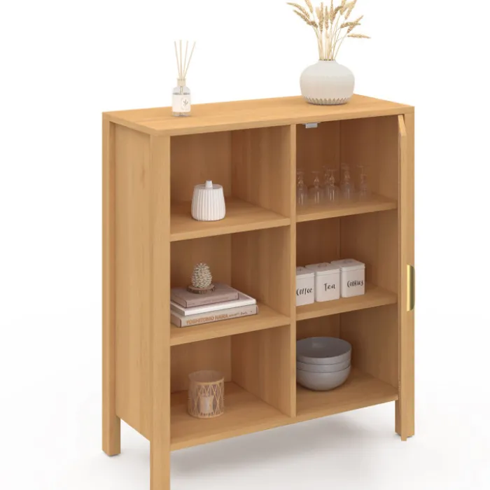 Buffet d’appoint cannage avec 3 étagères et placard 70 cm