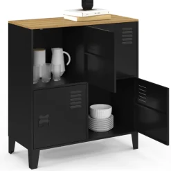 Buffet d'appoint casier 70 cm 4 portes en métal noir plateau bois design industriel