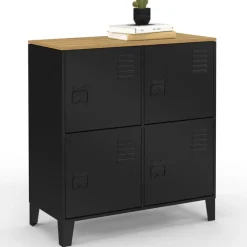 Buffet d'appoint casier 70 cm 4 portes en métal noir plateau bois design industriel