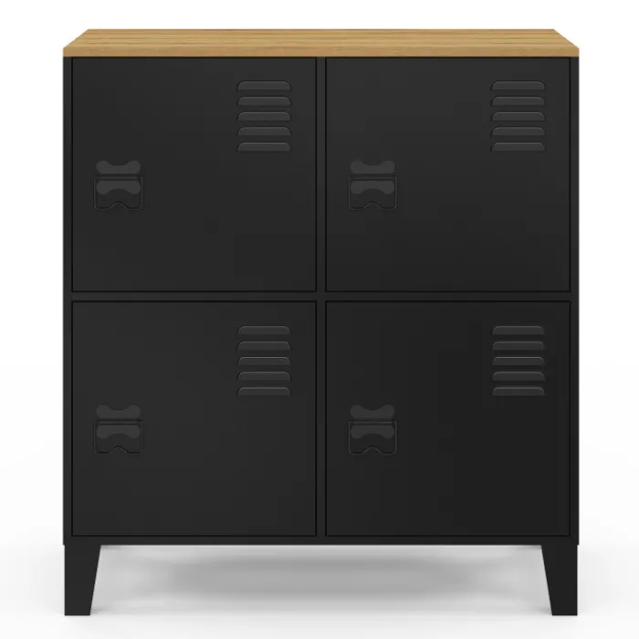 Buffet d'appoint casier 70 cm 4 portes en métal noir plateau bois design industriel