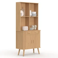 Buffet de cuisine 80 CM 2 portes + tiroir effet lattes tasseau de bois