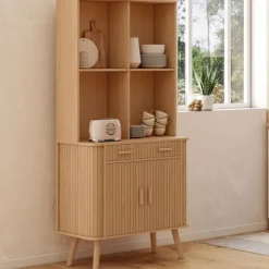 Buffet de cuisine 80 CM 2 portes + tiroir effet lattes tasseau de bois