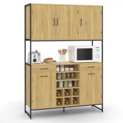 Buffet de cuisine 5 portes et range-bouteilles design industriel 120 cm