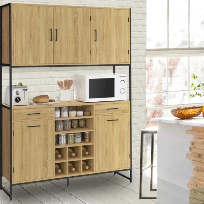 Buffet de cuisine 5 portes et range-bouteilles design industriel 120 cm