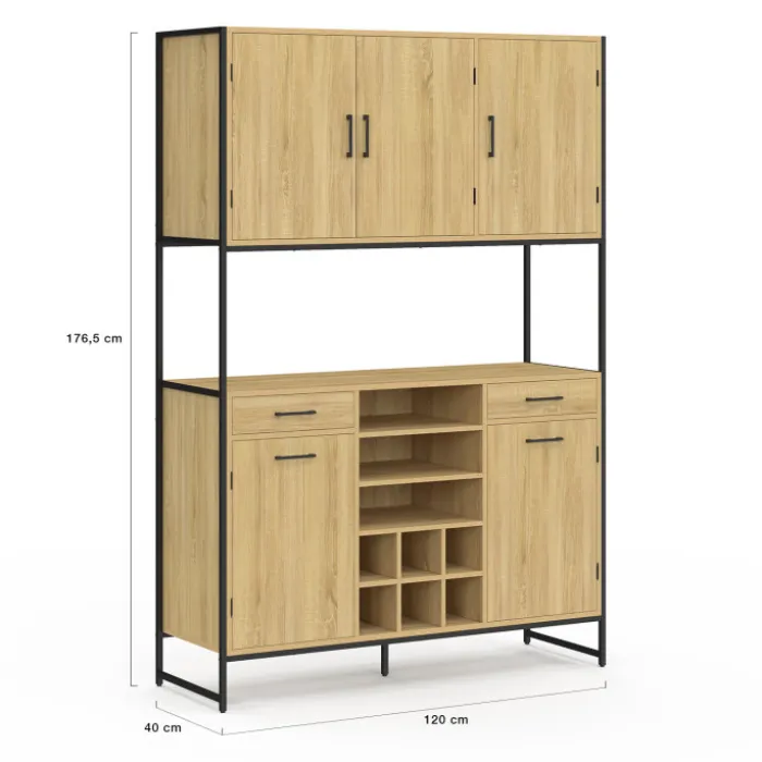 Buffet de cuisine 5 portes et range-bouteilles design industriel 120 cm