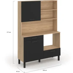Buffet de cuisine 3 portes + 1 tiroir façon hêtre et noir 120cm
