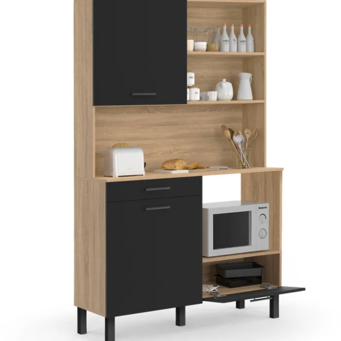 Buffet de cuisine 3 portes + 1 tiroir façon hêtre et noir 120cm