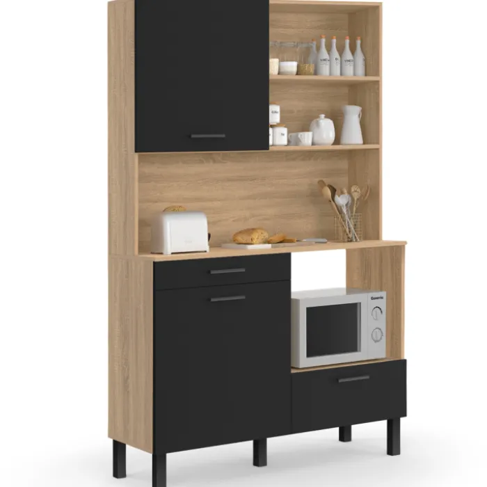 Buffet de cuisine 3 portes + 1 tiroir façon hêtre et noir 120cm