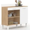 Buffet de cuisine bas 100 cm bois façon hêtre et blanc plan de travail H.83 cm