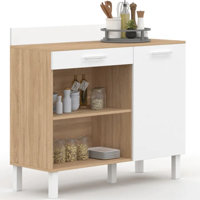 Buffet de cuisine bas 100 cm bois façon hêtre et blanc plan de travail H.83 cm