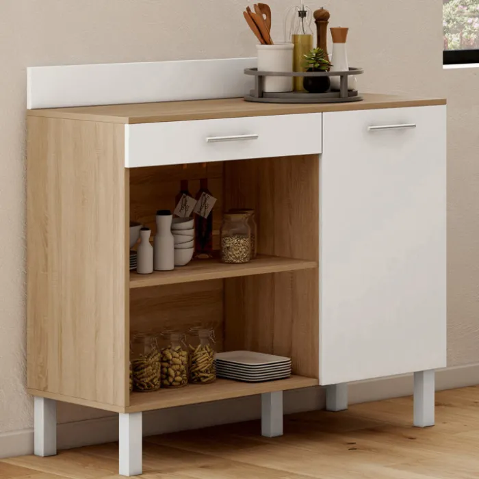 Buffet de cuisine bas 100 cm bois façon hêtre et blanc plan de travail H.83 cm