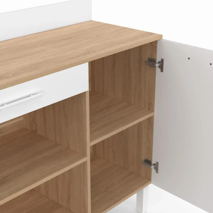 Buffet de cuisine bas 100 cm bois façon hêtre et blanc plan de travail H.83 cm
