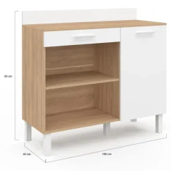 Buffet de cuisine bas 100 cm bois façon hêtre et blanc plan de travail H.83 cm