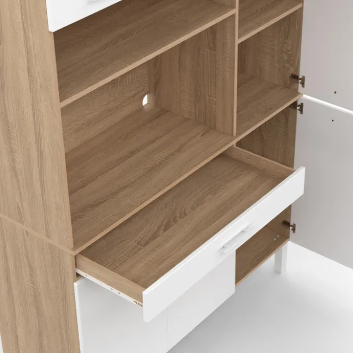 Buffet de cuisine blanc et façon hêtre avec 6 portes + tiroir