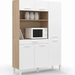 Buffet de cuisine blanc et façon hêtre avec 6 portes + tiroir