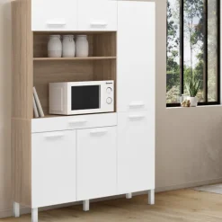 Buffet de cuisine blanc et façon hêtre avec 6 portes + tiroir