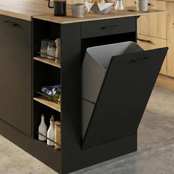 Buffet de cuisine compact 90 cm avec espace poubelle, tablette rabattable, 1 tiroir et 3 étagères latérales bois et noir
