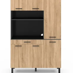 Buffet de cuisine noir et façon hêtre avec 6 portes + tiroir