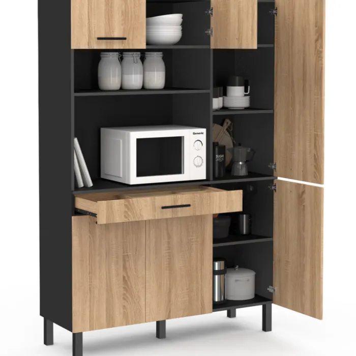Buffet de cuisine noir et façon hêtre avec 6 portes + tiroir