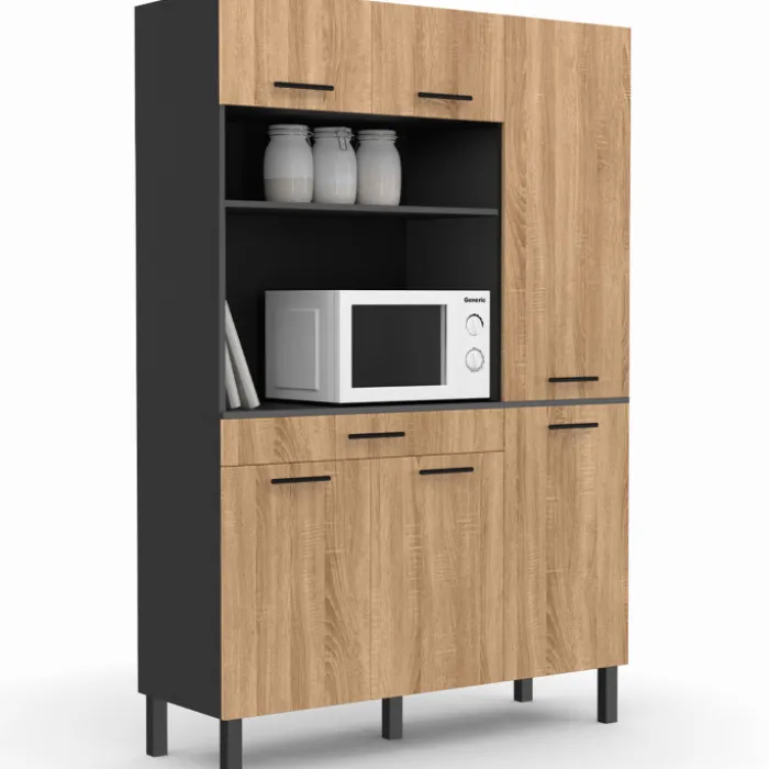 Buffet de cuisine noir et façon hêtre avec 6 portes + tiroir