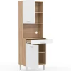 Buffet de cuisine vaisselier blanc et bois façon hêtre 60 cm