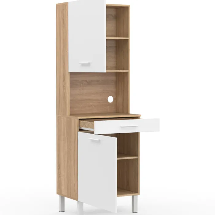 Buffet de cuisine vaisselier blanc et bois façon hêtre 60 cm
