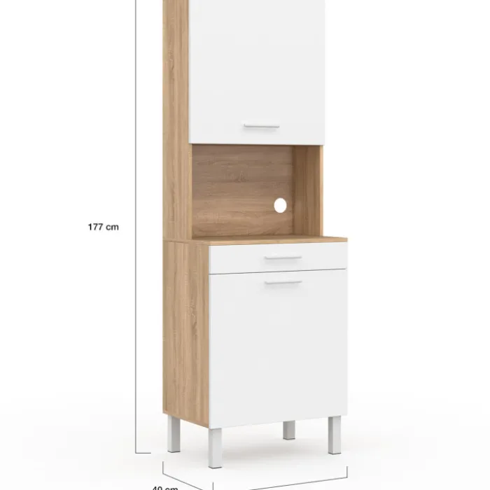 Buffet de cuisine vaisselier blanc et bois façon hêtre 60 cm
