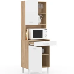 Buffet de cuisine vaisselier blanc et bois façon hêtre 60 cm