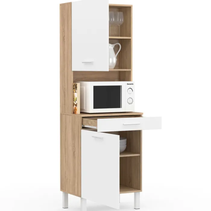 Buffet de cuisine vaisselier blanc et bois façon hêtre 60 cm